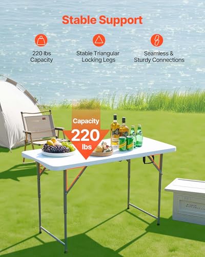 Folding Table, Heavy Duty Portable Fold-in-Half Utility Table, Indoor Outdoor Plastic Rectangle Table with Built in Handle, for Party, Dining, Wedding, Events, Picnic, Camping, 4 ft, White