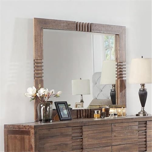 Rectangular Beveled Bedroom Mirror, 39" H x 44" W, Acacia Wood, Reclaimed Oak Finish, Transitional Style, Durable Vanity or Wall Mirror for Bedroom Decor