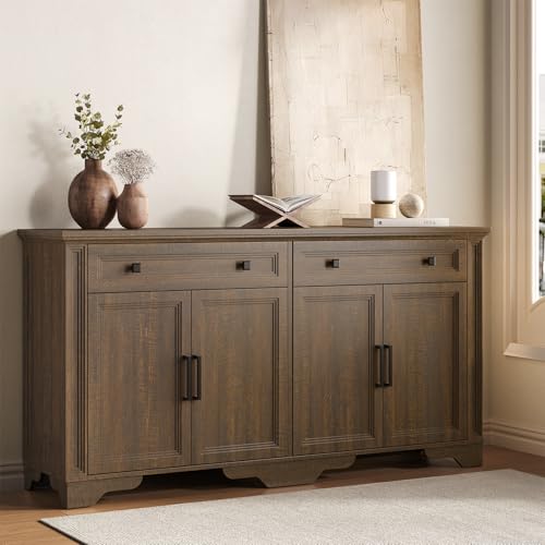 63" Sideboard Buffet Cabinet, Large Credenza with Drawers Walnut, view 7