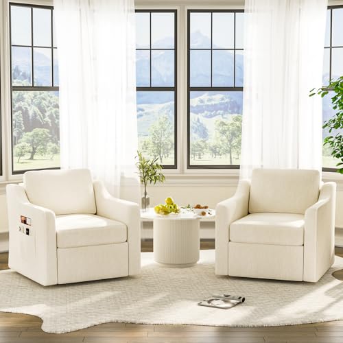 360° Swivel Accent Chair Set of 2, Large Comfy Reading Chairs, Square Single-Seat Armchair Upholstered Sofa for Reading, Nursery, Living Room, Bedroom, Lounge, Hotel, Beige
