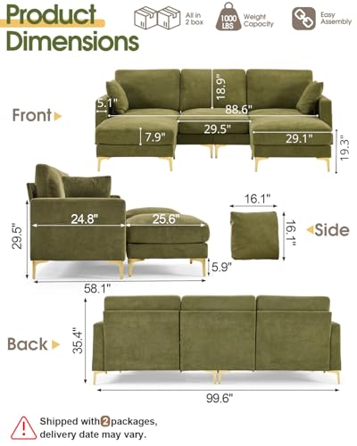 99.6" 3-Seat U-Shaped Sectional Sofa, Green | Chenille Upholstered, 2 Movable Ottomans, Cloud-Like Seat, 2 Throw Pillows, Comfy Deep Seat, Living Room, Apartment, Office