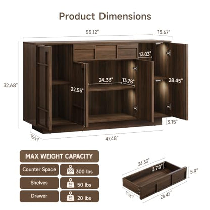 55" Sideboard Buffet Cabinet with Storage Drawer & Built-in Lights, view 3