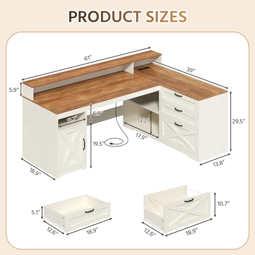 61" Farmhouse L Shaped Desk with Drawers ＆ Storage Shelves for Home Office, view 3