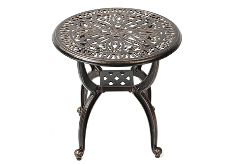 Copper round cast aluminum outdoor side table with floral pattern, view 2
