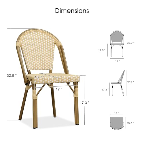 Bistro Chair (Set of 2) French Hand-Woven Wicker Chairs for Outdoor Patio Porch Garden Indoor, Bamboo Print Finish, Cream Yellow, Dining Chairs