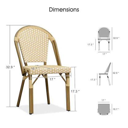 Bistro Chair (Set of 2) French Hand-Woven Wicker Chairs for Outdoor Patio Porch Garden Indoor, Bamboo Print Finish, Cream Yellow, Dining Chairs