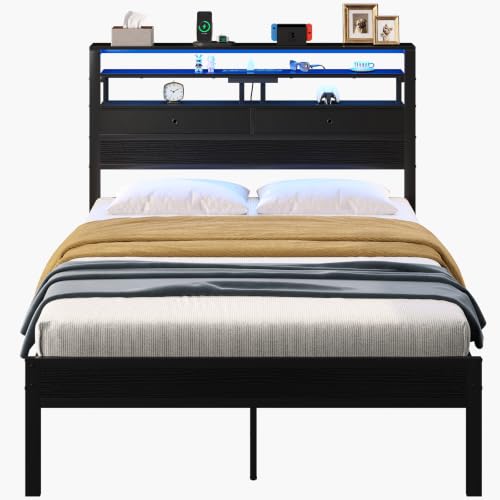 Queen LED Lighted Bed Frame with Storage, Black, view 2