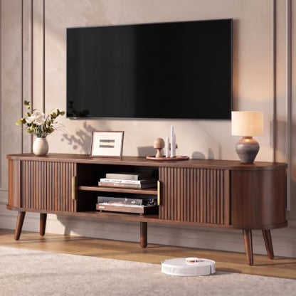 Mid Century TV Stand for TVs up to 80" with Fluted Sliding Doors, view 2