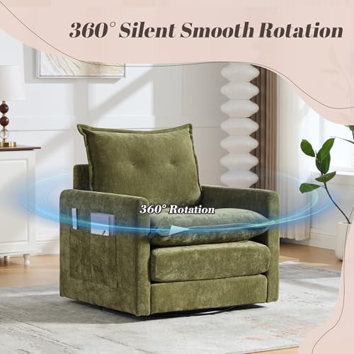 360° Swivel Accent Chair, Chenille Swivel Armchair for Living Room, Mid Century Modern Comfy Thick Padded Arm Chairs, Green