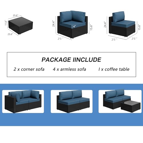 7 Piece Outdoor Patio Furniture Set,Black PE Rattan Wicker Sectional Sofa, All Weather Conversation Set with Washable Cushions & Glass Coffee Table for Backyard Poolside Garden Porch,Navy Blue