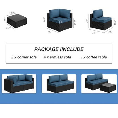 7 Piece Outdoor Patio Furniture Set,Black PE Rattan Wicker Sectional Sofa, All Weather Conversation Set with Washable Cushions & Glass Coffee Table for Backyard Poolside Garden Porch,Navy Blue