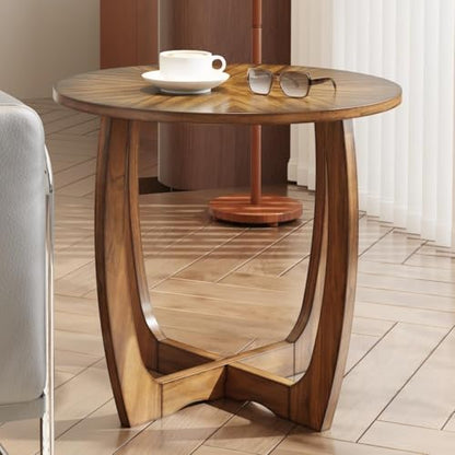 Mid Century Modern Round End Side Table Living Room, Walnut End Table Solid Wood Side Table, 23.6" Dia. Large Drum End Table Circle Nightstand Bedroom, Easy Assembly, Brown Walnut CJZ-3223