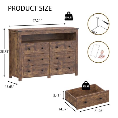 Dresser for Bedroom with 6 Drawers, LED Lights, Power Outlet, Brown, view 3