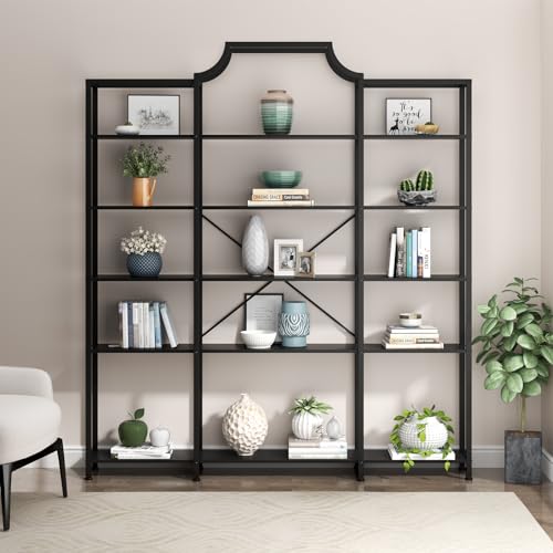 Triple Wide 5-Tier Bookshelf, 70.87" L x 79.13" H Extra Large Bookcase, Tall Open Etagere Display Shelf with Metal Frame, Freestanding Modern Storage Shelves for Home Office (Black)