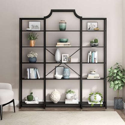 Triple Wide 5-Tier Bookshelf, 70.87" L x 79.13" H Extra Large Bookcase, Tall Open Etagere Display Shelf with Metal Frame, Freestanding Modern Storage Shelves for Home Office (Black)