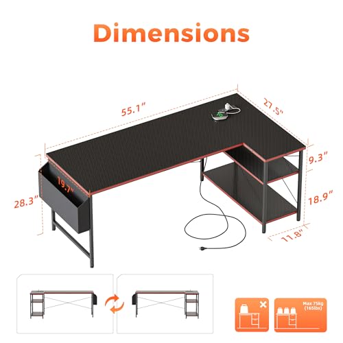 Small L Shaped Computer Desk with Power Outlets, Reversible Gaming Desk with Storage Shelves, Corner Gamer Desk Table, Study Writing Table