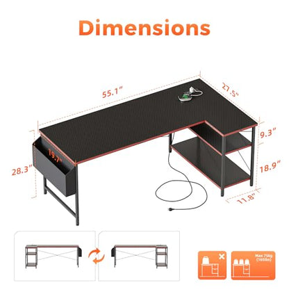 Small L Shaped Computer Desk with Power Outlets, Reversible Gaming Desk with Storage Shelves, Corner Gamer Desk Table, Study Writing Table