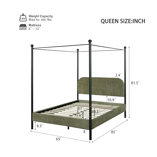 Queen Size Upholstered Canopy Bed Frame with Boucle Fabric, view 3