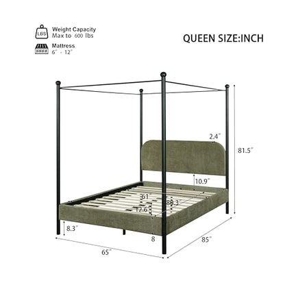 Queen Size Upholstered Canopy Bed Frame with Boucle Fabric, view 3