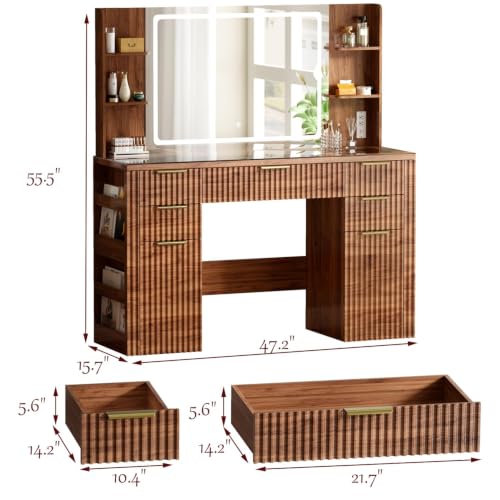 47.2" Fluted Makeup Vanity Desk with Large, 28.7" Mirror and Lights, view 3