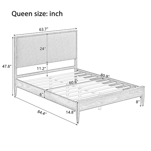 Mid Century Bed Frame with Boucle Upholstered Headboard, Walnut, view 3