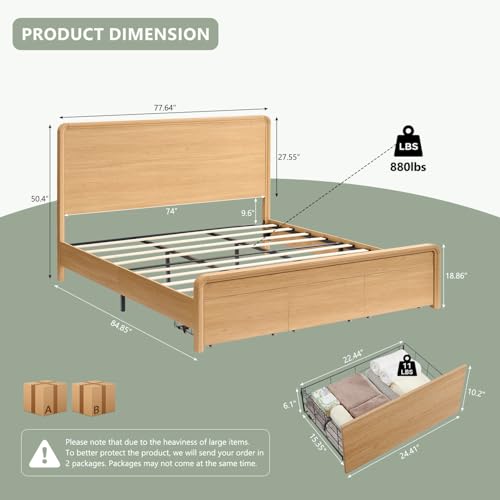 Modern King Size Bed Frame with 50" Tall Headboard, Natural Oak, view 3