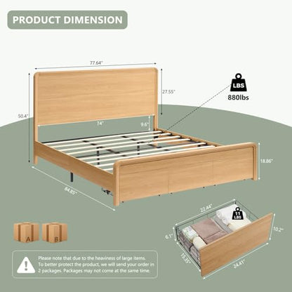 Modern King Size Bed Frame with 50" Tall Headboard, Natural Oak, view 3