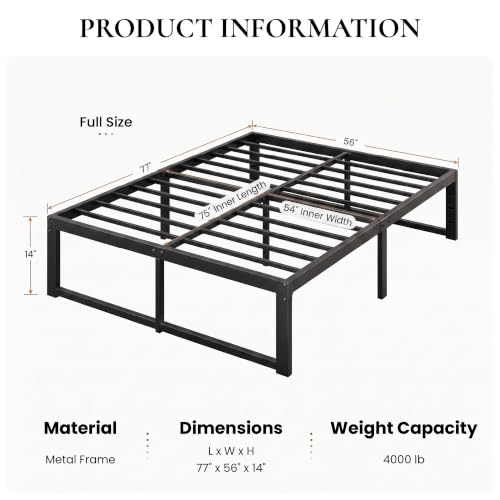 Full Bed Frame, 14 Inch Heavy Duty Metal Platform Beds,Black, view 3