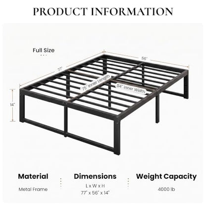 Full Bed Frame, 14 Inch Heavy Duty Metal Platform Beds,Black, view 3