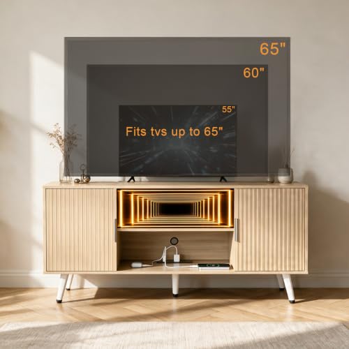 55" Fluted Small Walnut TV Stand with Outlet & Fireplace Light, view 4