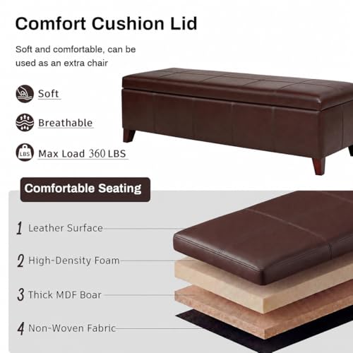 51" Coffee Brown Faux Leather Storage Ottoman | Foot Rest with Hinged Lid, Long Rectangle Bed Bench for Living Room, Bedroom, Entryway
