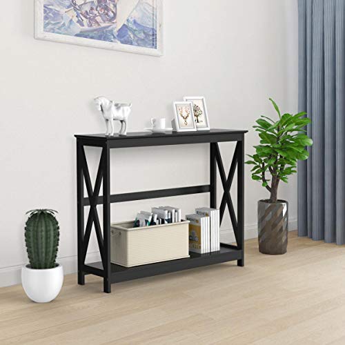 Black two tier X design console table with storage shelf, view 5
