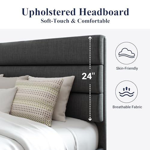 Gray Platform Bed with Fabric Headboard, view 5