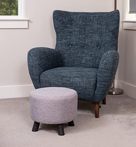 Grey Linen Foot Stool Ottoman – Soft Compact Round Padded Seat – Living Room and Bedroom – Black Wood Legs Upholstered Decorative Furniture Rest – Vanity Seat