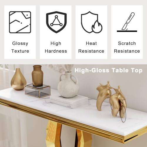 Gold Console Table, Luxury White and Gold Sofa Table, 50 inch Rectangle Entryway Table with Polished Geometric Base for Living Room, Hallway