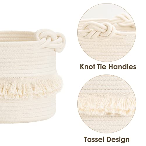 Small Woven Storage Baskets, 9.5'' x 7'' inches Cotton Rope Decorative Hamper for Diaper, Blankets, Magazine and Keys, Cute Tassel Nursery Decor - Home Storage Container, Off-white
