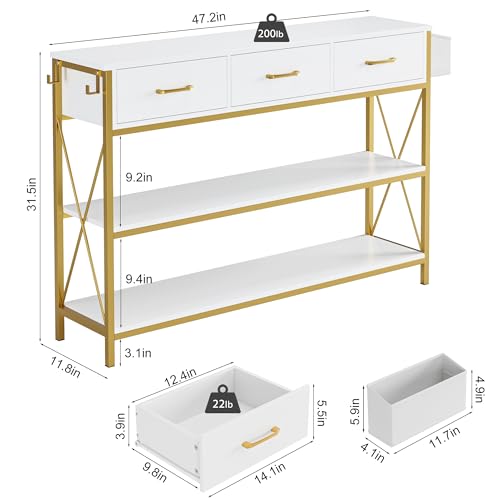 Gold Console Table with Storage, 47.2" Long Entryway Table, White | Narrow Wide Wood Entry way Table w/ 3-Tier Open Shelves, Industrial, Farmhouse Sofa Foyer Table for Hallway, Living Room