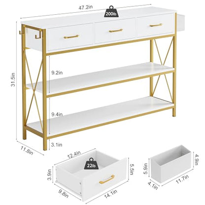 Gold Console Table with Storage, 47.2" Long Entryway Table, White | Narrow Wide Wood Entry way Table w/ 3-Tier Open Shelves, Industrial, Farmhouse Sofa Foyer Table for Hallway, Living Room