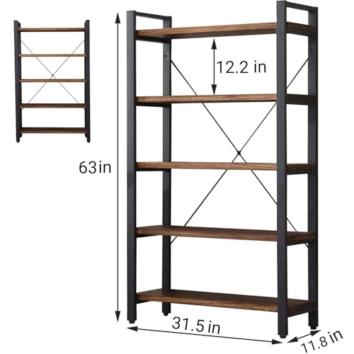 5 Tier Bookcase, Solid Wood Bookshelf Rustic Vintage Industrial Etagere Bookcase, Metal and Wood Free Vintage Bookshelf, Retro Brown (5-Tiers)