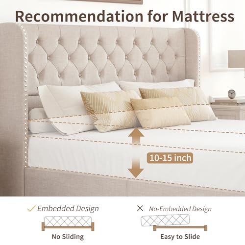 King Size Bed Frame with Storage Drawers and Wingback Headboard Linen, view 7