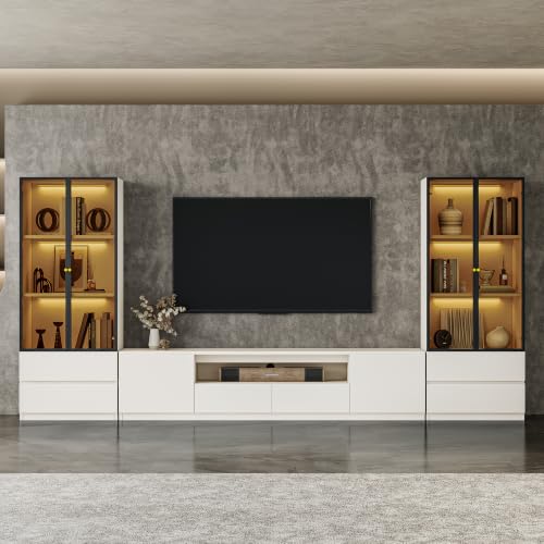 126" White Modern Entertainment Center with Bookshelves for 75 inch TVs, view 4