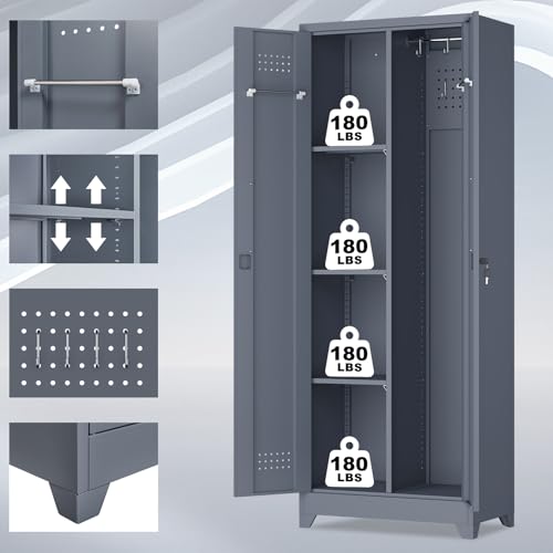 65" H Metal Garage Storage Cabinet,Broom Closet Storage Cabinet with Adjust Shelves,Utility Cabinet,Utility Closet for Garage,Gray