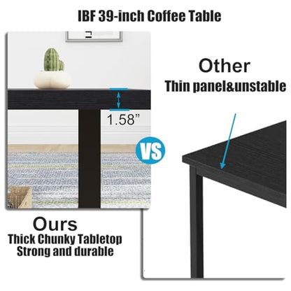 Modern Black Coffee Table, Minimalist Industrial Wooden Center Table, Simple Farmhouse Rectangle Living Room Table, Wood and Metal Cocktail Coffee Table for Home Bedroom Office, Black Oak, 47 Inch