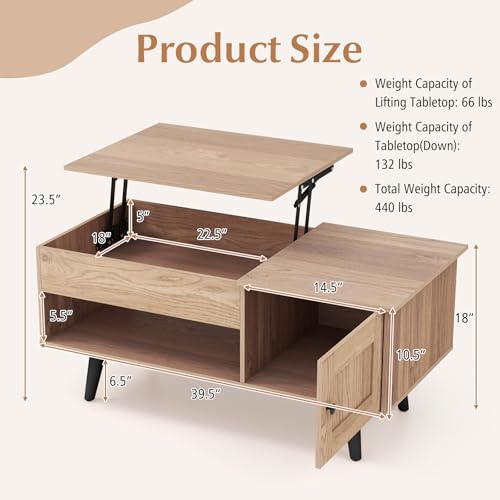 Lift Top Coffee Table with Storage, Living Room Table with Hidden Compartment, Cabinet & Open Shelf, Flip Top Center Table, Pull up Coffee Table for Home, Office (Natural)