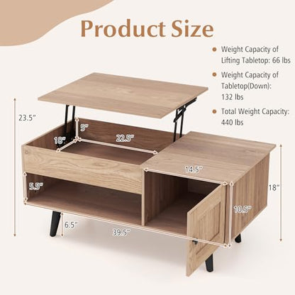 Lift Top Coffee Table with Storage, Living Room Table with Hidden Compartment, Cabinet & Open Shelf, Flip Top Center Table, Pull up Coffee Table for Home, Office (Natural)