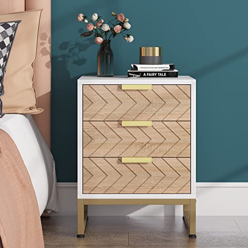 Tribesigns 3 Drawers Nightstand Set of 2, Modern Bedside Table with Unique Chevron Design, White End Side Table Night Stands with Gold Metal Legs for Bedroom (White & Wood Color)