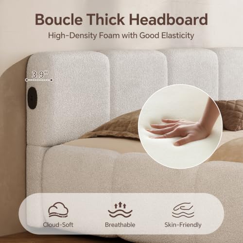 Queen Size Cloud Boucle Upholstered Platform Bed Frame w/USB Ports, view 5