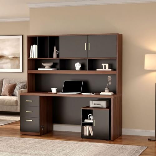 Computer Desk with Hutch & File Cabinet, 72.8" Home Office Desk Set with Under Desk Printer Stand, Office Desk with Hutch Built in Power Outlet, USB/Type-C, Black Walnut