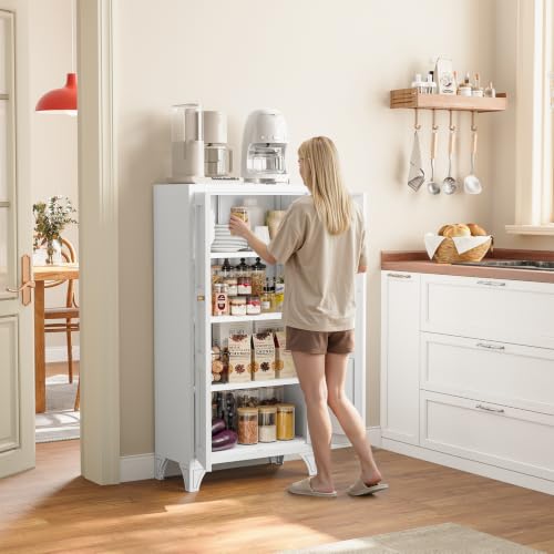 Metal Storage Cabinet with Doors and 3 Adjustable Shelves - 47" White Kitchen Pantry Storage Cabinet Locker for Kitchen,Living Room,Dining Room