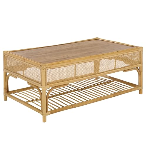SAFAVIEH Furniture - Webster Rectangle Coffee Table - Natural Solid Wood with Rattan Shelf Storage, Boho Living Room Table, 43.3" W x 25.6" D x 17.7" H (COF6518A)